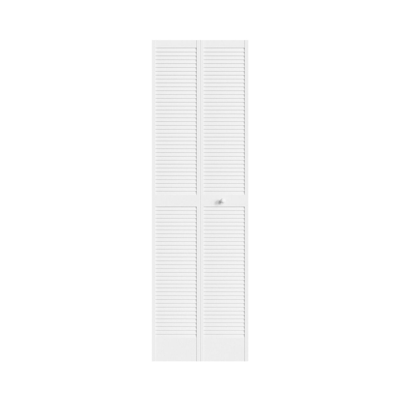 The Go Build 24 in. x 80 in. Bifold Door - Louver, made from primed white pine, features horizontal louver slats and a small round knob on a plain white background.